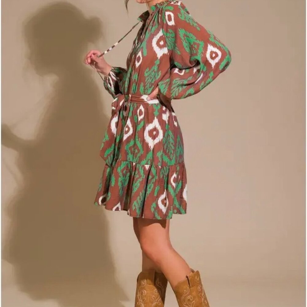 Brown/ Green Printed Woven Mini Dress